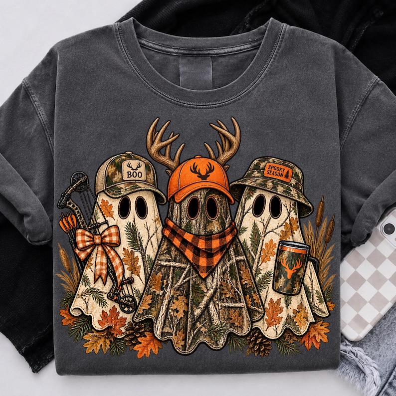 May include: A charcoal gray t-shirt featuring a graphic of three ghosts wearing camouflage hats. The left ghost holds a bow with an orange plaid bow, the center ghost wears an orange cap and plaid scarf, and the right ghost holds a mug labeled SPOOKY SEASON.