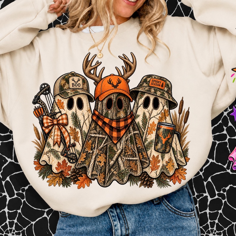 May include: A cream-colored sweatshirt featuring a graphic of three ghosts wearing camouflage hats. The ghosts are decorated with autumn leaves, pinecones, a bow, a compound bow, a plaid bandana, and a mug with a deer logo and text reading BOO.