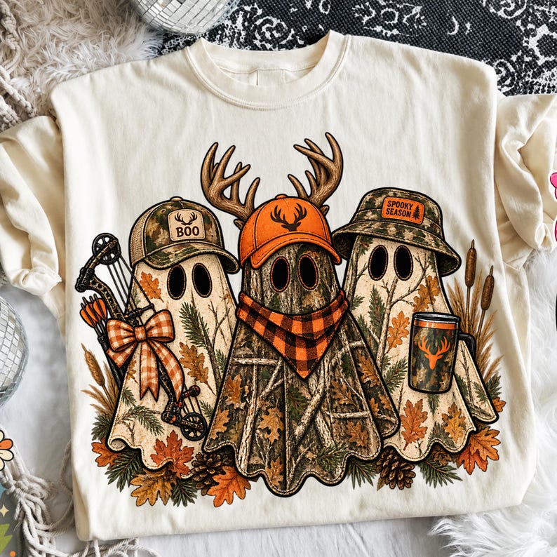 May include: A cream-colored t-shirt featuring a graphic of three ghosts wearing camouflage hats. The ghosts are decorated with orange plaid accents, a compound bow, and a mug with a deer silhouette. The text reads "BOO" and "SPOOKY SEASON".