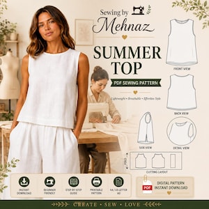 Könnte beinhalten: Ein PDF-Schnittmuster für ein ärmelloses Sommertop von Sewing by Mehnaz. Die Grafik zeigt technische Strichzeichnungen der Vorder-, Rück-, Seiten- und Detailansichten sowie einen Zuschnittplan. Der Text enthält 'SUMMER TOP' und 'PDF SEWING PATTERN'.
