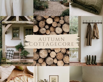 May include: A collage of 65 premium stock photos titled Autumn Cottagecore featuring a cream knit cardigan, a stone garden path, a sleeping orange cat on a green blanket, a wooden cottage, stacked logs, coats on a rack, a pear tart, and yarn.
