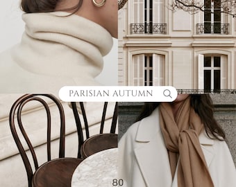 May include: A collage featuring a cream turtleneck sweater with gold hoop earrings, a Parisian building facade, a dark wood bistro chair with a marble table, and a cream coat with a tan scarf. Text reads PARISIAN AUTUMN and 80 PREMIUM STOCK PHOTOS.
