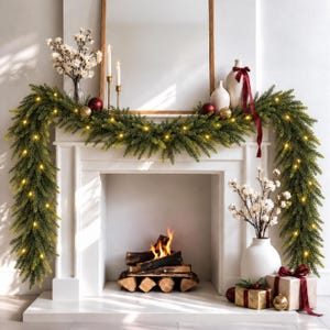 CQURE 4 Pack Christmas Norfolk Pine Garland with Lights, 23.6 FT Toral Artificial Christmas Garland Greenery Pine Garland for Mantle Fireplac