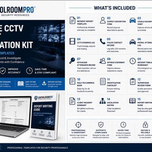 Op de afbeelding: Een digitale productweergave voor de ControlRoomPro Ultimate CCTV Incident Investigation Kit. Het bevat een lijst met 15 professionele sjablonen, waaronder incidentrapporten, formulieren voor verdachten en voertuigen, en handleidingen.
