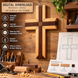 Pode incluir: Um padrão de intarsia digital para download de uma cruz de madeira, com um design bicolor de segmentos de madeira clara e escura. O documento inclui uma lista de corte com dimensões de 30 cm por 20 cm e instruções de montagem.