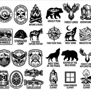 May include: A collection of black and white outdoor-themed vector illustrations featuring icons like mountains, wildlife, camping gear, and compasses. Each graphic includes descriptive text such as Rocky Mountain High, Forest Lords, and Adventure Kit.