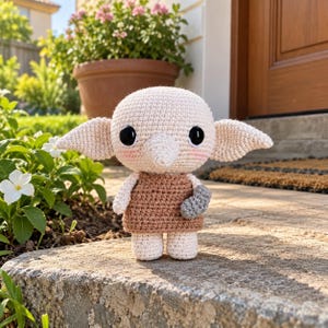 Könnte beinhalten: Eine Häkelpuppe mit einem großen, runden, cremefarbenen Kopf, spitzen Ohren, schwarzen Kunststoffaugen und rosa Wangen. Die Puppe trägt eine einfache braune Tunika und hält einen kleinen, strukturierten grauen Gegenstand in einer Hand.
