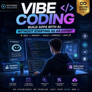 May include: A digital course advertisement titled Vibe Coding, featuring a person working on a laptop with code on screens. Text includes Build Apps With AI, Without Starting As An Expert, Idea, Prompt, Build, Improve, Ship, and Lifetime Access.