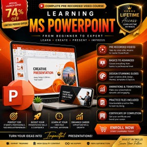 Op de afbeelding: Een digitale advertentie voor een Microsoft PowerPoint-videocursus met een laptop en smartphone die de software tonen, omringd door tekst over cursusmodules, levenslange toegang en de ontwikkeling van professionele vaardigheden.