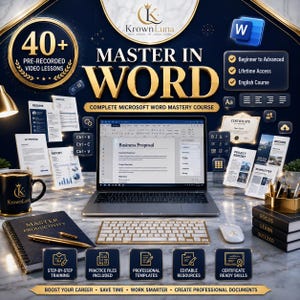 May include: A digital course advertisement titled Master in Word featuring a laptop displaying a business proposal, a keyboard, a mouse, a black mug, a notebook with a gold pen, and stacked books labeled Focus, Learn, Succeed on a marble surface.