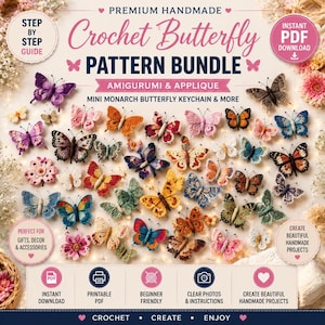 Puede incluir: Un paquete de patrones digitales para mariposas de ganchillo, con el texto Premium Handmade Crochet Butterfly Pattern Bundle Amigurumi & Applique Mini Monarch Butterfly Keychain & More, junto a numerosas mariposas de colores.