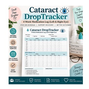 May include: A Cataract DropTracker 4-week medication log template for left and right eyes. The document features a grid for tracking daily drops, important reminders, and space for notes. It includes icons for editable MS Word, printable templates, and eye tracking, alongside text about supporting recovery and better outcomes.