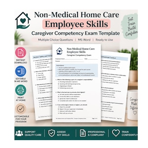 Può includere: Un modello di esame di competenza per dipendenti di assistenza domiciliare non medica in formato MS Word. Il documento include domande a scelta multipla su sicurezza, emergenza e condotta professionale, con sezioni per il nome e la data del dipendente.