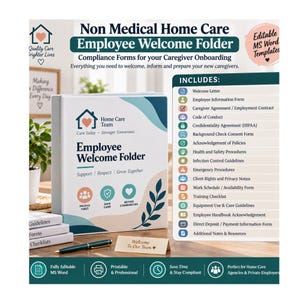 May include: A white binder titled Employee Welcome Folder with blue and peach abstract shapes and a leaf graphic. The cover features the text Home Care Team, Care Today, Stronger Tomorrows, Support, Respect, Grow Together, People First, Safe Care, and Better Communities.