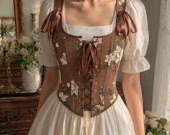 Floral Tapestry Renaissance Corset Top, Square Neck Front Lace-Up Bustier, Vintage Cottagecore Bodice, Fairycore Corset