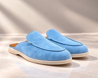 Men’s Sky Blue Suede Mules, EU 45, Handmade Backless Loafers | GAVA Los Angeles