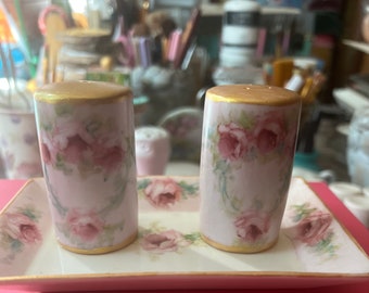 Hand painted porcelain set of salt and pepper with pink roses for Mothers day gift