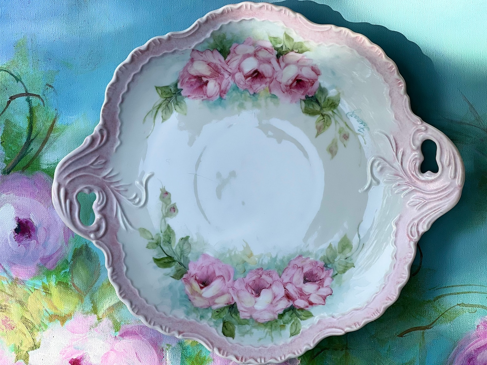Hand Painted Porcelain Cake Plate, Charger , Pink Roses , Shabby Chic