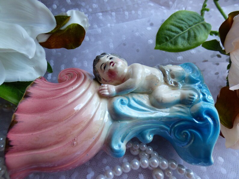 Mid Century Vase Cherub Hält Schale Füllhorn Pflanzgefäß Keramik Keramik Shabby Cottage-Chic Shabby-Choke inspiriert No-marking/stempeln glasiert Bild 5