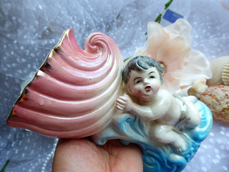 Mid Century Vase Cherub Hält Schale Füllhorn Pflanzgefäß Keramik Keramik Shabby Cottage-Chic Shabby-Choke inspiriert No-marking/stempeln glasiert Bild 3