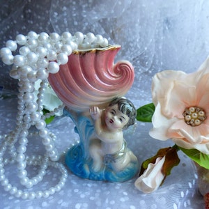 Mid Century Vase Cherub Hält Schale Füllhorn Pflanzgefäß Keramik Keramik Shabby Cottage-Chic Shabby-Choke inspiriert No-marking/stempeln glasiert Bild 2