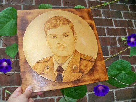 Vintage Wood Burning Art Pyrography double stacked Wall Hanging American military officer Portrait  (1970's to 1980's) Veteran Hand Made