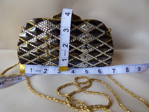 Vintage Sasha New York Gold/Brown 2-Tone Metal Clutch Embellished with Rhinestones Chain-Handle Classic Hand Bag 1980s Retro Bling two looks