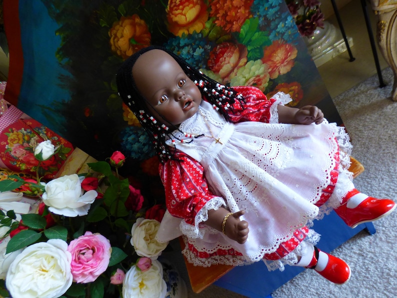Vintage Handmade Black Girl Doll Sitting With Braided Beaded Hair