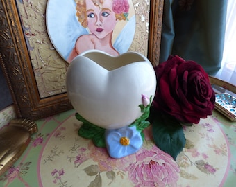 Vintage 1940's unsigned Vallona Starr California Pottery White Heart Pink and Blue Flower & GREENERY Vase Collectible, Retro, Mid-Century