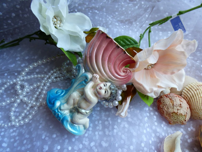 Mid Century Vase Cherub Hält Schale Füllhorn Pflanzgefäß Keramik Keramik Shabby Cottage-Chic Shabby-Choke inspiriert No-marking/stempeln glasiert Bild 1