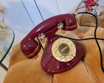 Retro Maroon-Red color Cradle-Phone Metropolis by ConAir Push-Button Rotary Style Vintage landline Corded Home & Office Accessory Pre-Owned