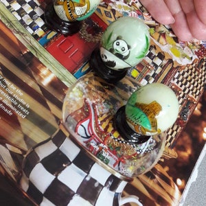 Vintage Set of 3 Hand Painted Miniature Egg Panda Bears Collectible lot w/ stands Chinese Marble/ Alabaster Good luck Fertility Gift