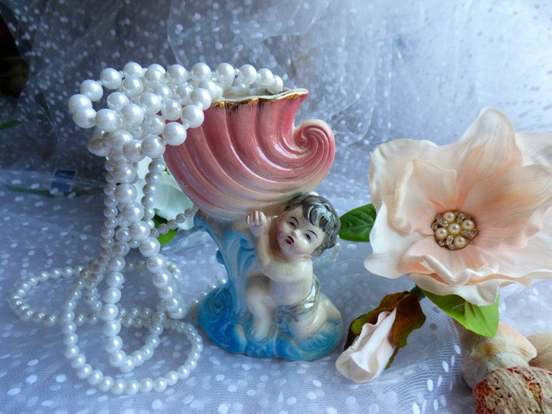 Mid Century Vase Cherub Hält Schale Füllhorn Pflanzgefäß Keramik Keramik Shabby Cottage-Chic Shabby-Choke inspiriert No-marking/stempeln glasiert Bild 8