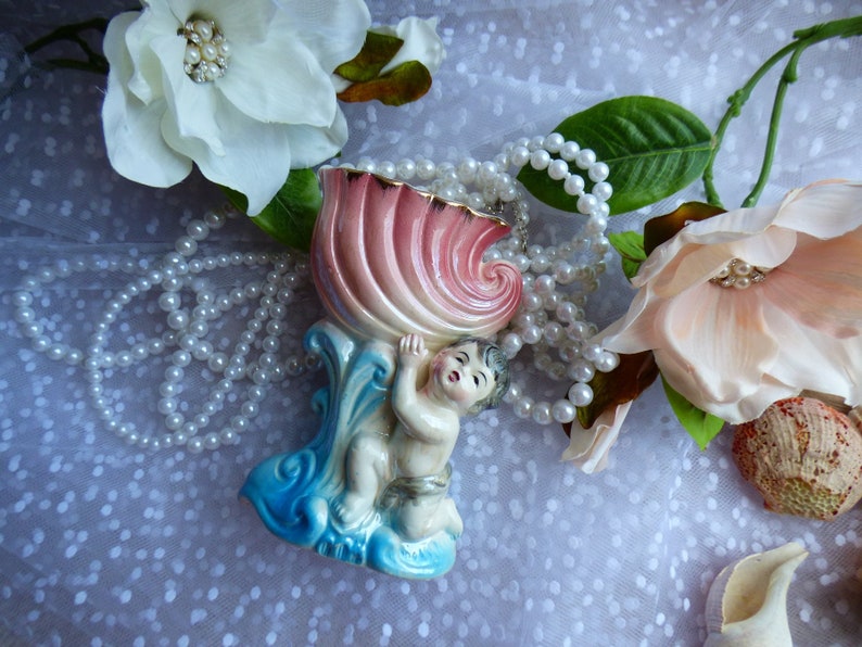 Mid Century Vase Cherub Hält Schale Füllhorn Pflanzgefäß Keramik Keramik Shabby Cottage-Chic Shabby-Choke inspiriert No-marking/stempeln glasiert Bild 9