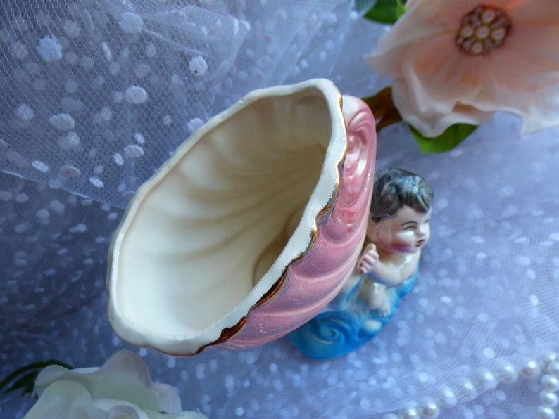 Mid Century Vase Cherub Hält Schale Füllhorn Pflanzgefäß Keramik Keramik Shabby Cottage-Chic Shabby-Choke inspiriert No-marking/stempeln glasiert Bild 7