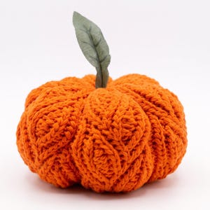 May include: A bright orange crocheted pumpkin with a textured, ribbed surface and a single, upright, muted green fabric leaf attached to the top centre. The pumpkin has a rounded, segmented shape created by the yarn stitching pattern.