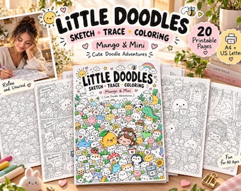 Peut inclure: Un ensemble de pages à colorier imprimables intitulé Little Doodles Sketch Trace Coloring par Mango & Mini. Le lot comprend 20 pages aux formats A4 et US Letter, présentant des dessins au trait en noir et blanc de divers personnages mignons.