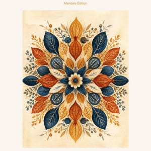 May include: A coloring book titled IVF & Surrogacy Coloring Book Mandala Edition by Damaris Rotich. The cover features a symmetrical mandala illustration composed of layered leaves and berries in shades of navy blue, orange, and cream.