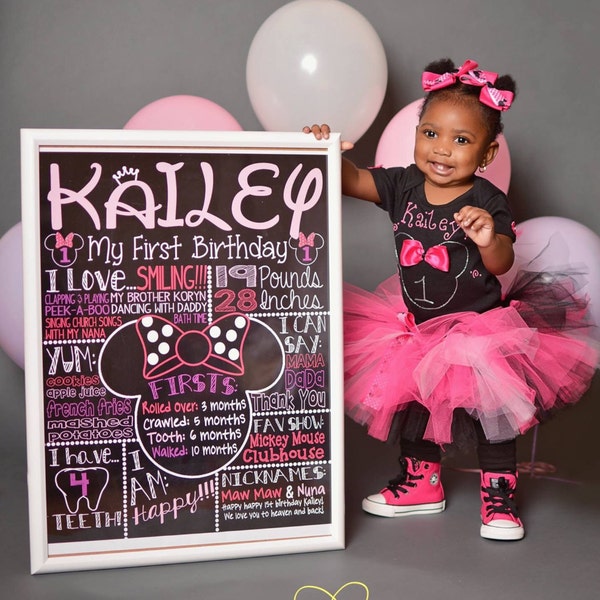 Minnie Mouse First Birthday Chalkboard - 1st Birthday Chalkboard For Minnie Mouse Themed 1st Party - Printable Chalk Poster Minny Mouse Pink