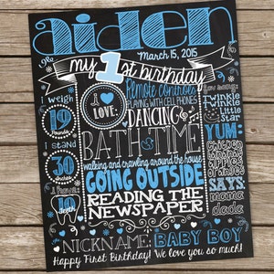 1st Birthday Poster - First Birthday Sign - Chalkboard Birthday Sign - Blue Birthday - Chalk Board Printable