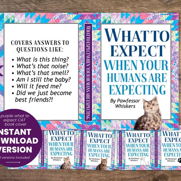 INSTANT DOWNLOAD Purple What to Expect When Your Humans are Expecting Fake Dust Jacket Funny Book Cover CAT Pregnancy Announcement 4 Options