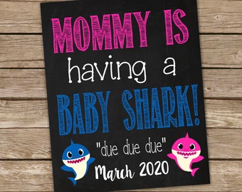 Baby Shark Pregnancy Announcement - Cute Creative Printable Chalkboard Sign Digital File Baby Shark Due Due Due Custom with Due Date