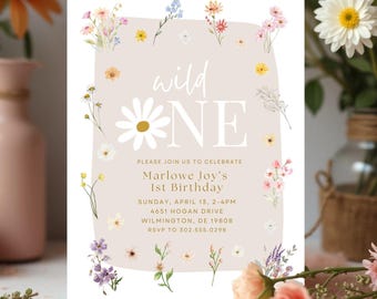 Wild One Birthday Invitation: Boho Wildflower Girl, Editable Canva Template (Digital)