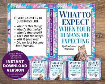 INSTANT DOWNLOAD Purple What to Expect When Your Humans are Expecting Fake Dust Jacket Funny Book Cover CAT Pregnancy Announcement 4 Options