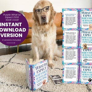 INSTANT DOWNLOAD Purple What to Expect When Your Humans are Expecting Fake Dust Jacket Funny Book Cover Dog Pregnancy Announcement 4 Options image 1