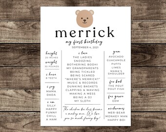 Simple Modern Bear Themed Black & White 1st Birthday Chalkboard Poster Sign for 1st Birthday Party or Photoshoot