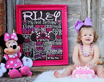 Póster de pizarra para el primer cumpleaños de Minnie Mouse: tema rosa (descarga digital)