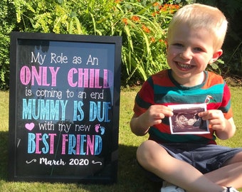 Chalkboard Pregnancy Announcement Sign: Only Child Ending (Digital File)