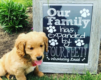 New Puppy Announcement - PERSONALIZED Our Family Has Expanded by Four Feet Cute Funny Printable Chalkboard New Pet Announcement Digital File
