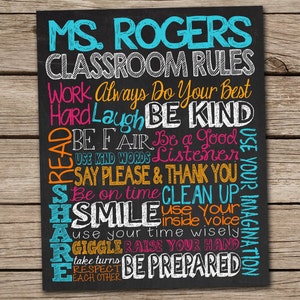 May include: Black chalkboard with white text that reads "MS. ROGERS CLASSROOM RULES" and lists classroom rules in colorful text. The rules include "Work Always Do Your Best", "Hard Laugh Be Kind", "Be Fair Be a Good Listener", "Use Kind Words", "Say Please & Thank You", "Be on Time Clean Up", "Share", "Smile Use Your Inside Voice", "Use Your Time Wisely", "Giggle Raise Your Hand", "Take Turns", "Respect Each Other", "Be Prepared", and "Use Your Imagination".